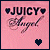 A 2x2 contact sheet of four animated frames showing a pink background with 'JUICY Angel' text and heart symbols that change in number across frames.