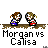 A 4x4 contact sheet of pixel art frames showing two cartoon characters in various poses with the text "Morgan vs Calisa" beneath each frame.
