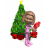 A cartoon character in pink pajamas stands beside a green Christmas tree with red base, holding a red gift box while expression changes from smiling to neutral.