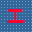 Red pixelated shapes and a heart with 'LOVE' text on blue dotted background; gray rectangle in bottom-right corner.