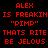 Pixelated text displays 'ALEX IS FREAKIN "PIMP" THATS RITE BE JELUS' in red on black background with green highlighted sections.