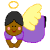 Pixel art buddy icon featuring a smiling angel with dark skin, black hair, yellow wings, and a golden halo on the left; green text "Original Icons .com" on a dark green background on the right.