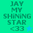 Pixelated text 'JAY MY SHINING STAR <33' with a blue star on green background and a green star on blue background.