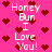 Pixelated pink background with red hearts and white text reading "Honey Bun I Love You!" repeated in a pattern
