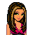Pixel art of a woman with long brown hair wearing a pink top, shown in three sequential views from head to torso and then full body.