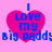 A pink background with four identical pixelated heart icons, each containing blue text reading "I love my big daddy;" in a retro digital style.