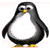 Pixelated penguin with black and white body, yellow beak and feet stands against light background next to red text on black