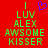 Red background with green pixelated text reading 'I LUV ALEX AWSOME KISSER' and a blue pixelated heart symbol above the text.