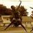 Animated sequence showing a figure in dynamic pose with arms raised against sepia-toned background of trees and structures.