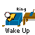 Animated sequence showing a yellow-shirted character waking up from blue bed, interacting with brown desk and alarm clock, displaying text like 'Wake Up Hello?' and 'Grrrr!!!'
