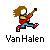 Pixel art of a person with brown hair playing a red electric guitar, wearing a yellow shirt and blue pants, in two poses with 'Van Halen' text below.