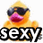 Yellow duckling wearing black sunglasses with pink beak, positioned above bold white text reading "sexy" on a plain background.