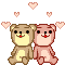 Two pixelated teddy bears sit side-by-side against a gray background, surrounded by floating pink hearts; the left bear has brown fur with yellow chest and red mouth, while the right bear is light pink with white chest and red mouth.