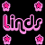 Pixelated pink text "Linds" with star symbols on black background, showing animation changes in letter outlines and stars.