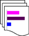Six layered gray shapes with pink, purple, and blue rectangular elements; some shapes have one or two blue rectangles, others have one purple rectangle.