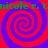 Four red and blue spiral patterns arranged in a with green text reading "nicole r." repeated at top and bottom