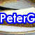 Animated icon shows a giraffe holding a green 'food' sign, with text 'PeterG' and 'loves' overlaid on background images.