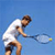 Pixelated static image of a tennis player in mid-swing against solid blue background, wearing white shirt and brown shorts with visible racket and ball.