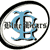 A circular icon with a black border contains a stylized blue 'CF' monogram surrounded by pixelated gray text on a white background.