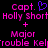 Pixelated text displays 'Capt. Holly Short + Major trouble Kel' in pink and blue on black background with heart symbol.