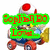 Pixelated Toad character in blue and yellow vehicle with red wheels, displaying green text overlay reading 'SoplinR BO Love...' then changing to red text 'Toad!' on white background.