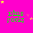 A bright pink background with green text reading 'nine rocks' and scattered yellow and pink stars in a