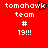 Red background with white pixelated text reading 'tomahawk team # 19!!!' and a black heart symbol replacing the 'o' in 'tomahawk'.
