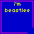 Four blue square with pink borders display yellow text 'i'm beastlee' and one shows a pink heart symbol, another a pink starburst symbol