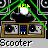 Pixelated character with yellow hair and white face sits atop a brown-framed stereo system, text 'Scooter' below each instance.