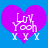 Two identical pixelated purple hearts on blue background with white text 'LIV Yoon' and three small X-shaped symbols below.