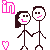 Animated contact sheet of 22 stick-figure couple frames with pink hearts and 'love' text in pixel art style on white background.