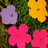 Pixelated floral arrangement with four distinct flowers against a green foliage background.