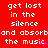 Red background with white pixelated text repeating 'get lost in the silence and absorbband the music' across three , some letters have pink or purple accents