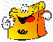 Animated yellow cartoon character with orange accents, holding white playing cards in a sequence of expressions and card positions.