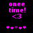 Pixelated pink text and symbols on black background with animated heart sequence.