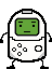 Pixel-art character resembling a handheld gaming console with green screen, black limbs, and white body on gray background.