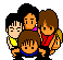 Pixel art group of six cartoon figures in various poses with changing clothing colors and positions