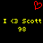 Red pixelated heart symbol above yellow text reading 'I <3 Scott' and '98' on black background.