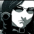 Pixelated grayscale image of a stylized face with closed eyes and dark hair, split into two sections showing different background textures.