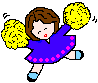 Animated pixel art of a cheerleader in two sequential frames with yellow pom-poms, purple dress, and blue shoes against gray background.