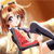 Pixelated cartoon-style character with light brown hair and red top, holding a dark blue object against warm-toned background.