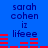Blue background with dark blue text reading 'sarah cohen iz lifeee' and red horizontal bars in two , animated to shift positions
