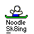Pixelated figure on green ski with blue pants, white top, and outstretched arms in multiple poses above "Noodle Sk8ing" text.