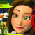 A pixelated close-up of a person with brown hair, green eyes, and red lips, set against a colorful background with green, blue, and red elements.