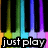 Pixelated image with vertical rainbow stripes above black text reading 'just play' on a dark background.