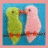 Two pixelated birds perched on a wire against blue background, one green with orange feet and beak, the other pink with red accents, facing each other.