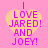 Four identical heart-shaped icons with pink text reading "I LOVE JARED! AND JOEY!" on a solid pink background, arranged in a
