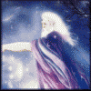 Animated sequence of a robed figure with long white hair against a starry sky, transitioning from solid to pixelated text overlay.