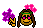 Pixel art contact sheet showing four frames of an animated AIM buddy icon featuring a cartoon character with brown hair, pink sunglasses, green headband, and purple flower-like object.