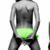 A grayscale figure with a bright green lower body area, viewed from behind in four showing slight movement